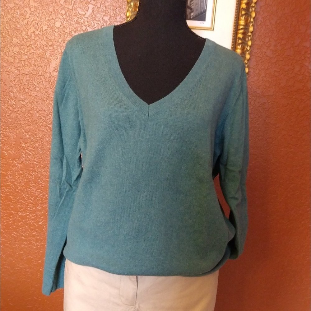 Eddie Bauer, Heather Green, Cashmere Cotton V-Neck Sweater, XL